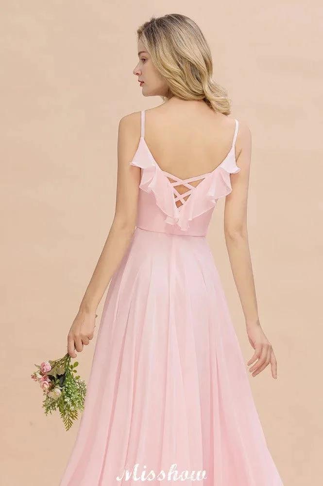 Straps Sweetheart Pink Bridesmaid Dress Backless Chiffon Evening Party Dress (ZD12941)