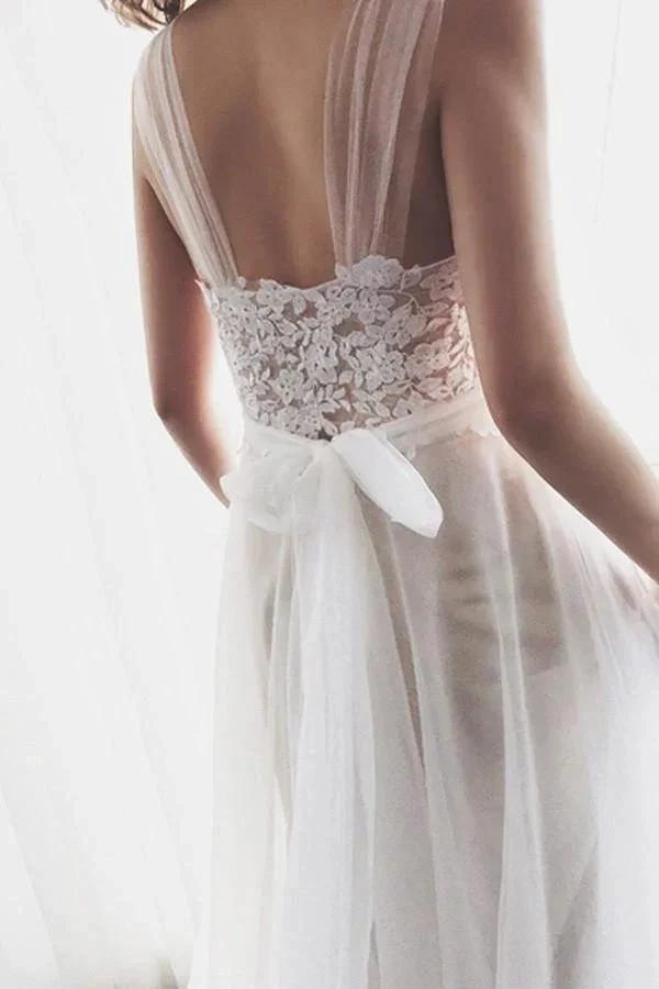 Straps Tulle White Lace Beach Wedding DressesWith Little Court Train (ZD16044)