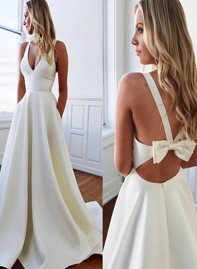 Stretch Crepe Sleeveless V-Neck Wedding Dress Chic A-Line Silhouette Ruffles Sweep Train
