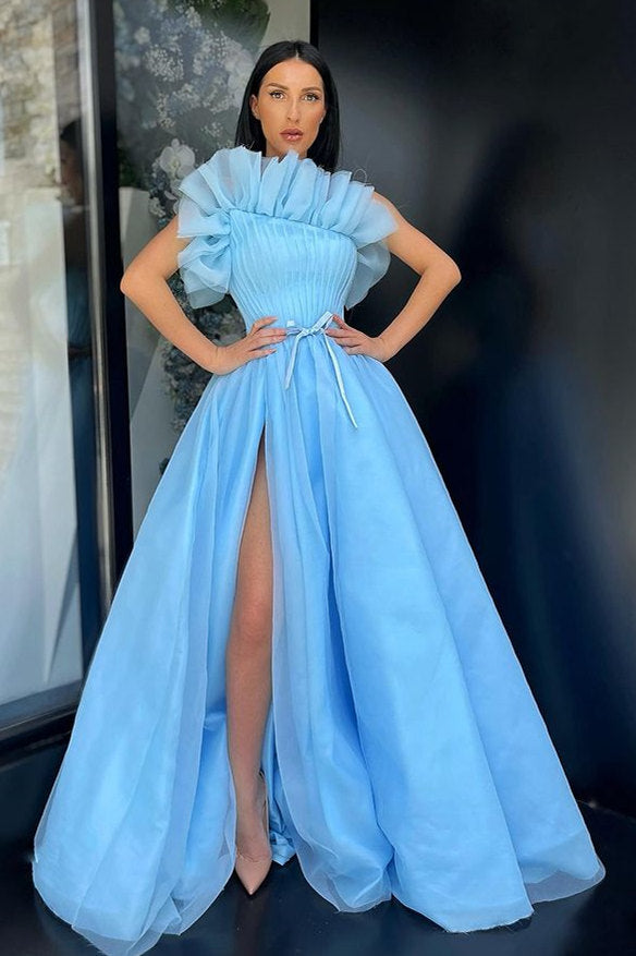 Stunning Blue A-Line Side-cut Tulle Floor-Length Prom Dress