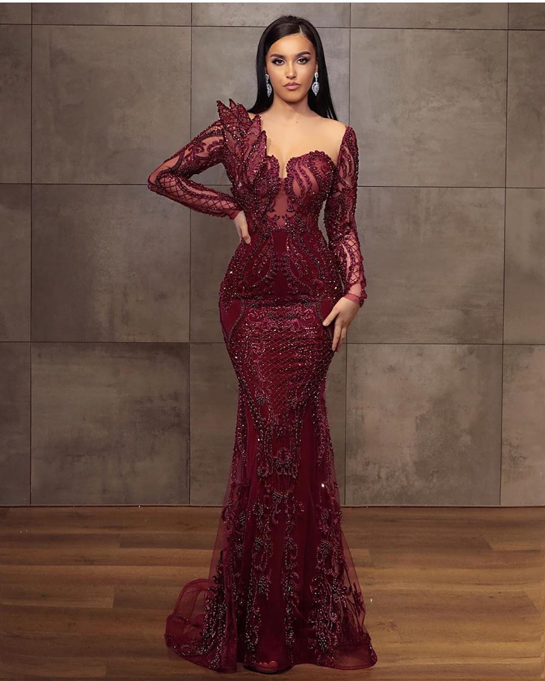 Stunning Burgundy Long Mermaid Sweetheart Lace Tulle Formal Evening Dresses - View 2 | VelvetHem