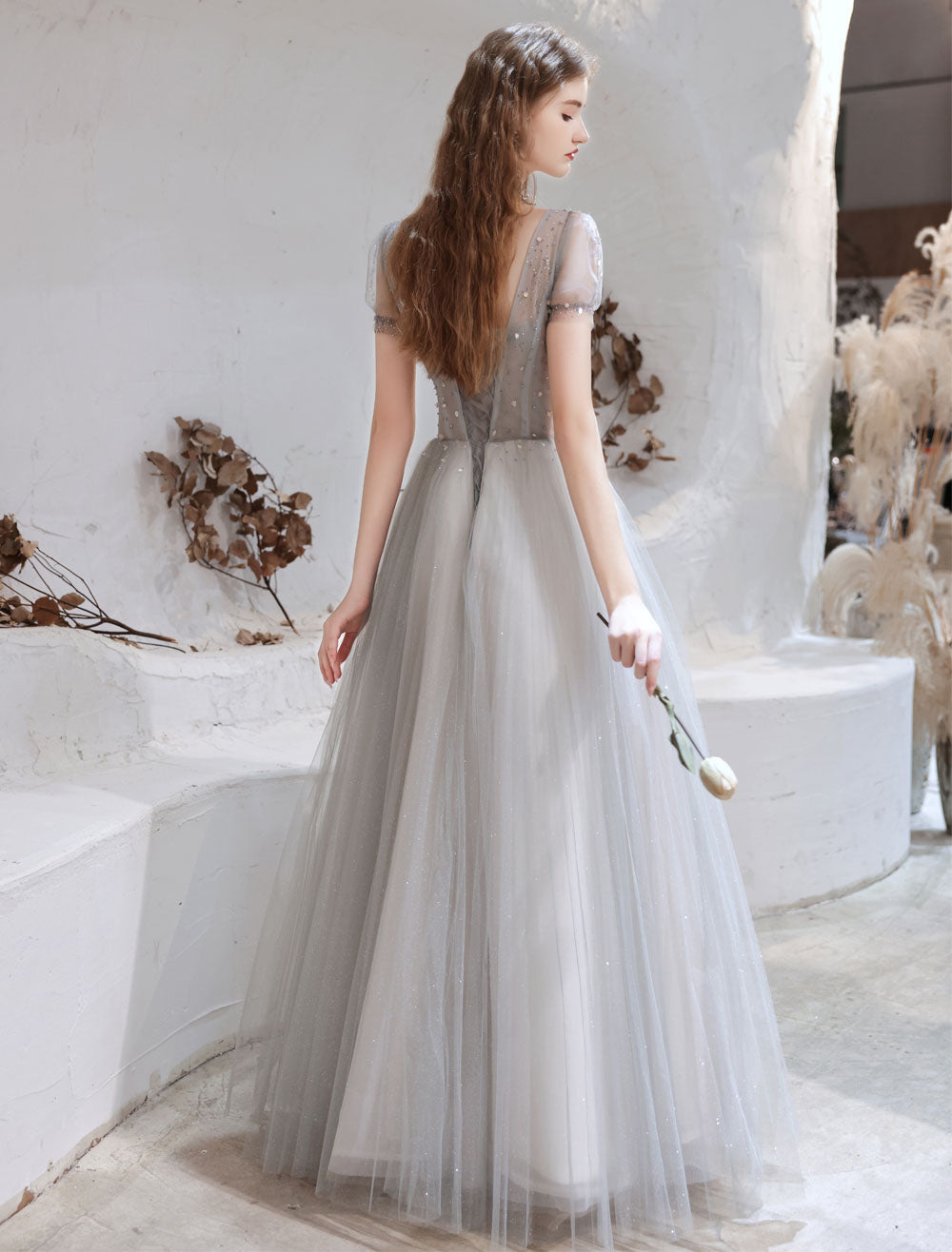 Stunning Evening Dress Light Grey A-Line Bateau Neck Floor-Length Social Party Dresses Pageant Dress