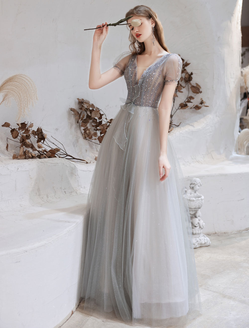 Stunning Evening Dress Light Grey A-Line Bateau Neck Floor-Length Social Party Dresses Pageant Dress