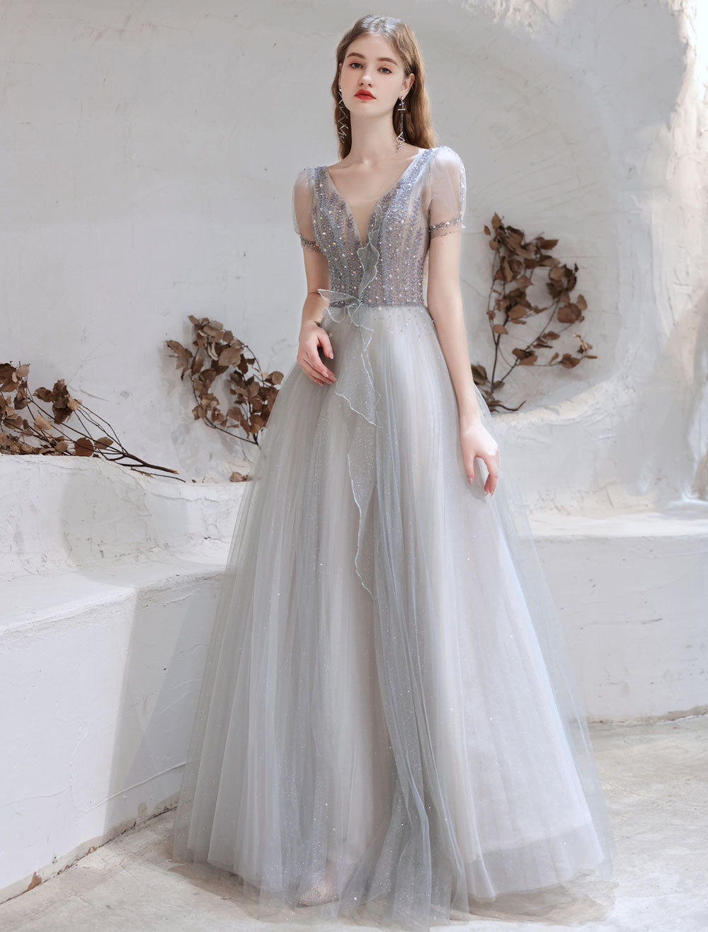 Stunning Evening Dress Light Grey A-Line Bateau Neck Floor-Length Social Party Dresses Pageant Dress