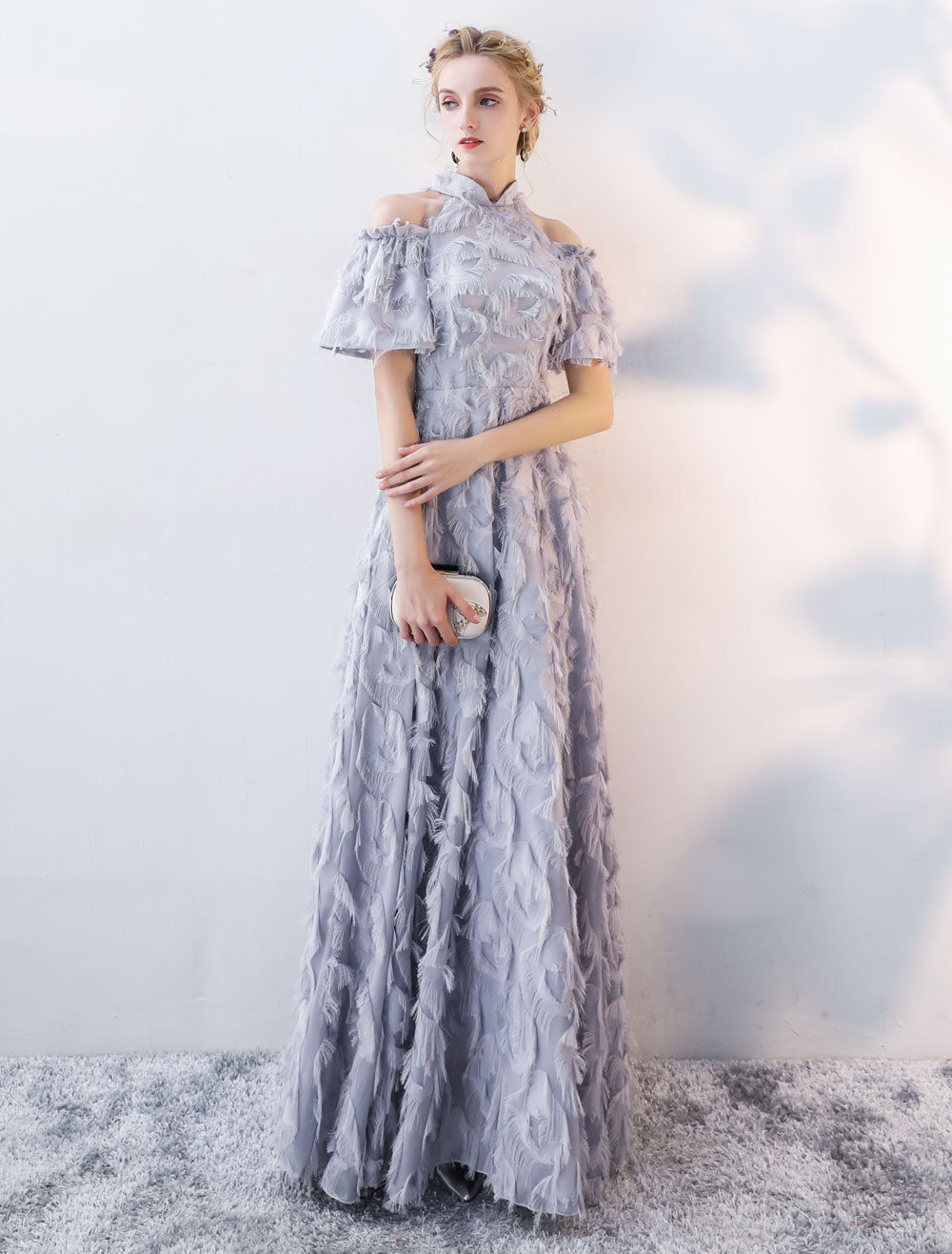 Stunning Evening Dresses Long Light Grey Cold Shoulder Evening Dress Lace Stand Collar Floor-Length Formal Dress