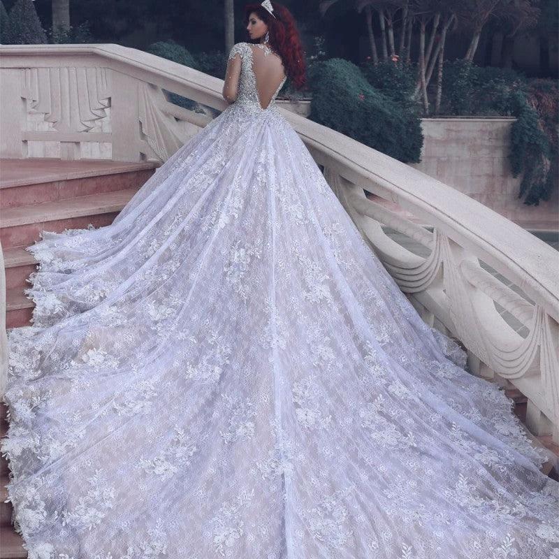 Stunning Gorgeous Muslim Crystal Beading Sheer Lace Wedding Dress (ZD13842) - View 2 | VelvetHem