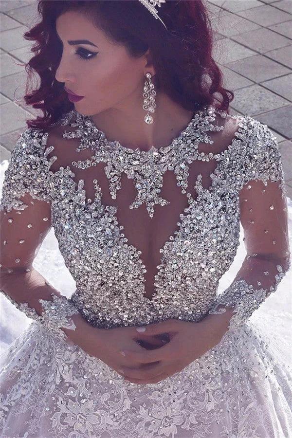 Stunning Gorgeous Muslim Crystal Beading Sheer Lace Wedding Dress (ZD13842)