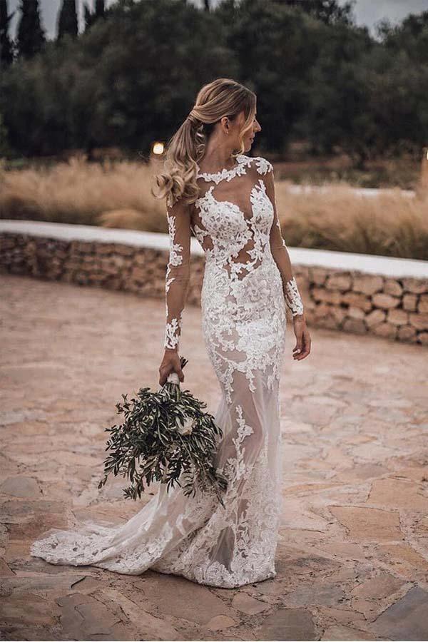 Stunning Lace Appliques See Though Mermaid Rustic Wedding with Sleeves (ZD16009)