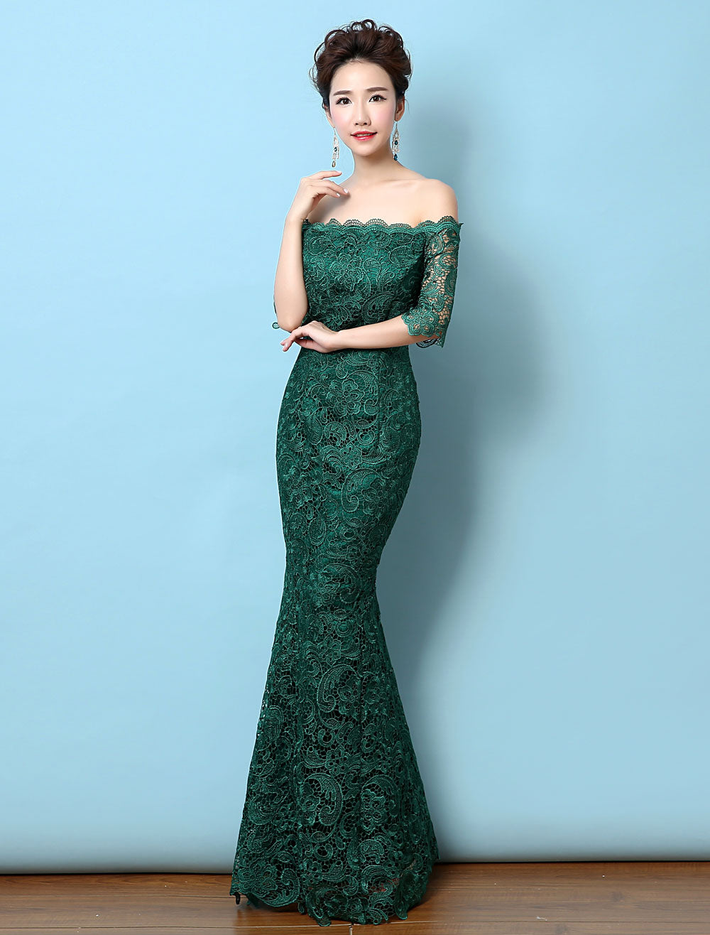 Stunning Lace Evening Dress Off-the-Shoulder Mermaid Party Dress Dark Green Half Sleeve Maxi Occasion Dress wedding guest dress