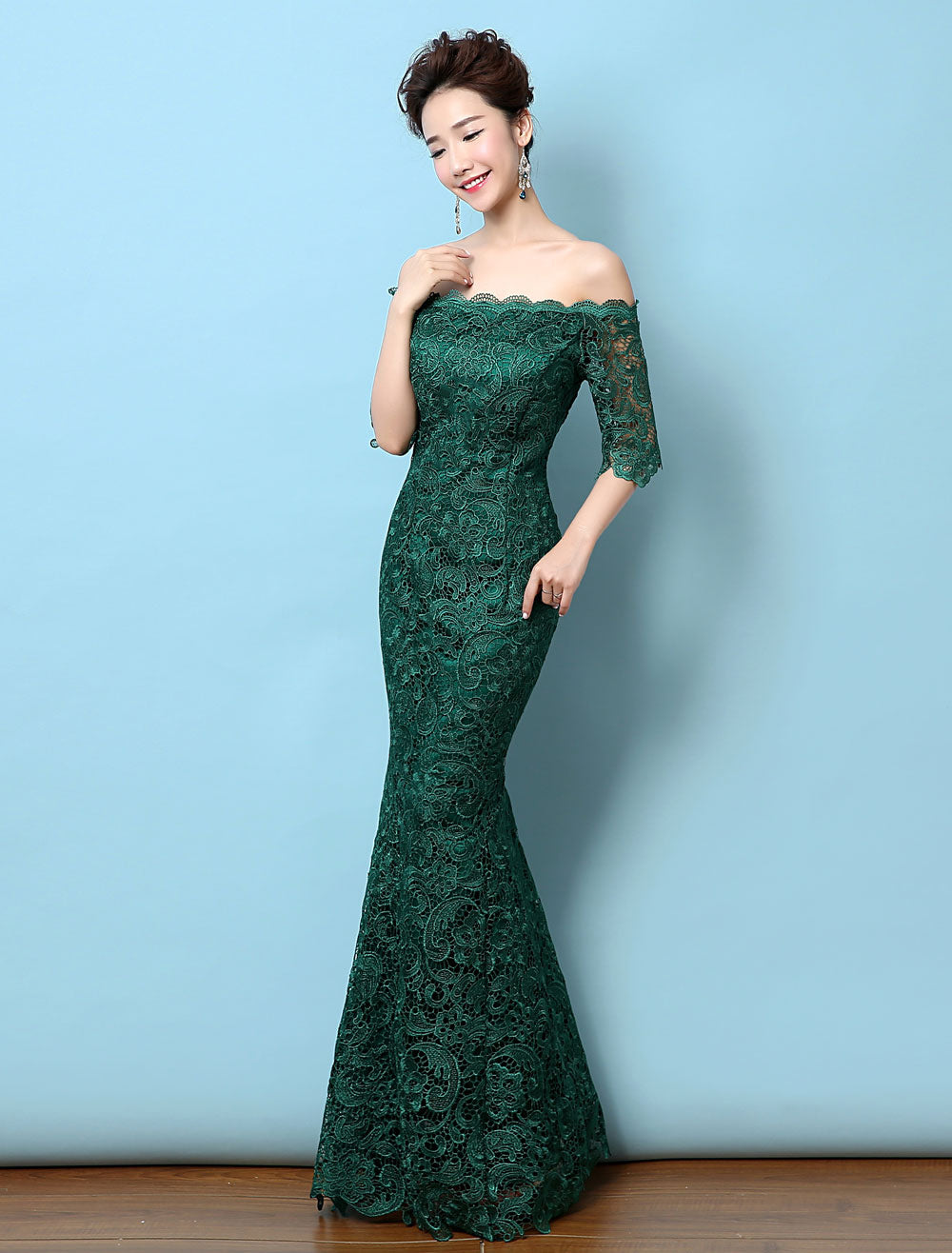 Stunning Lace Evening Dress Off-the-Shoulder Mermaid Party Dress Dark Green Half Sleeve Maxi Occasion Dress wedding guest dress