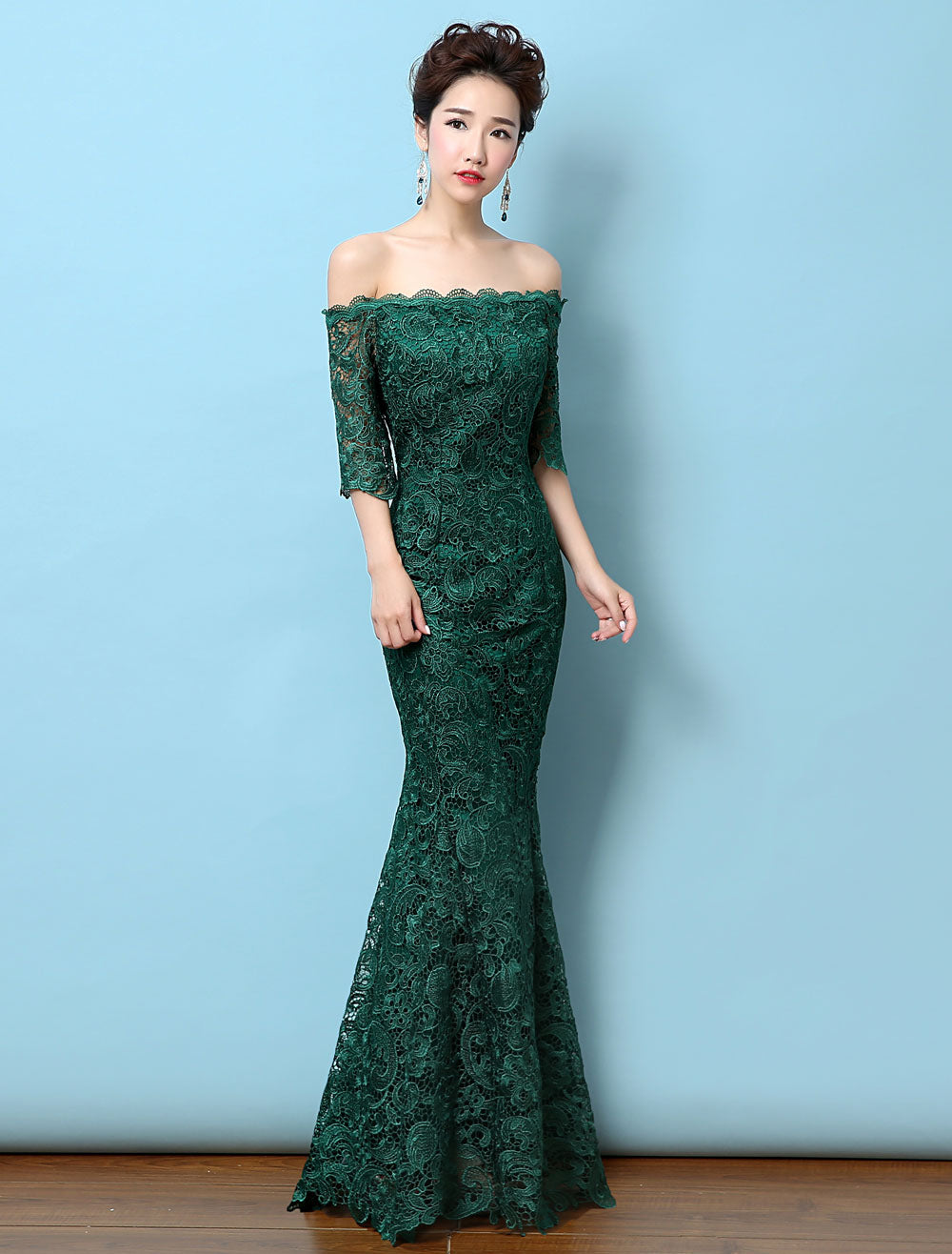 Stunning Lace Evening Dress Off-the-Shoulder Mermaid Party Dress Dark Green Half Sleeve Maxi Occasion Dress wedding guest dress
