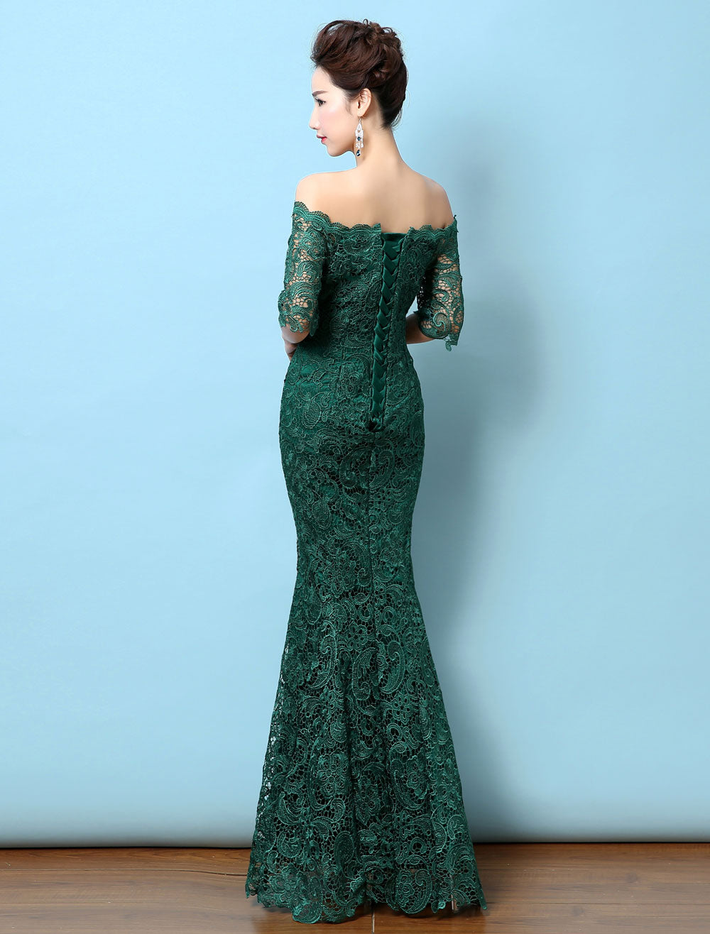 Stunning Lace Evening Dress Off-the-Shoulder Mermaid Party Dress Dark Green Half Sleeve Maxi Occasion Dress wedding guest dress