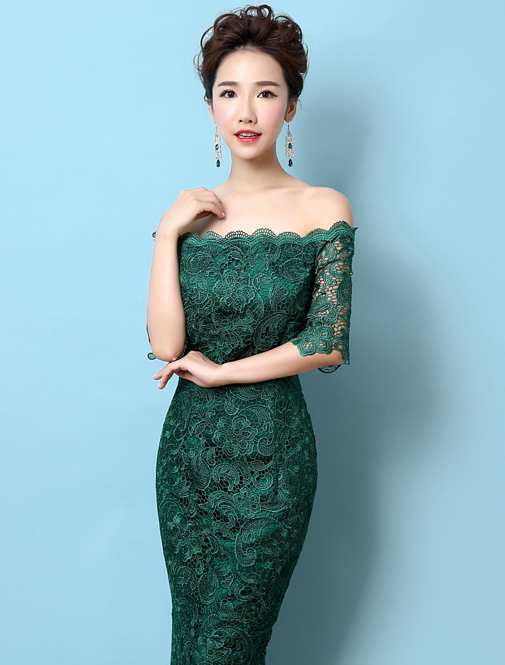 Stunning Lace Evening Dress Off-the-Shoulder Mermaid Party Dress Dark Green Half Sleeve Maxi Occasion Dress wedding guest dress