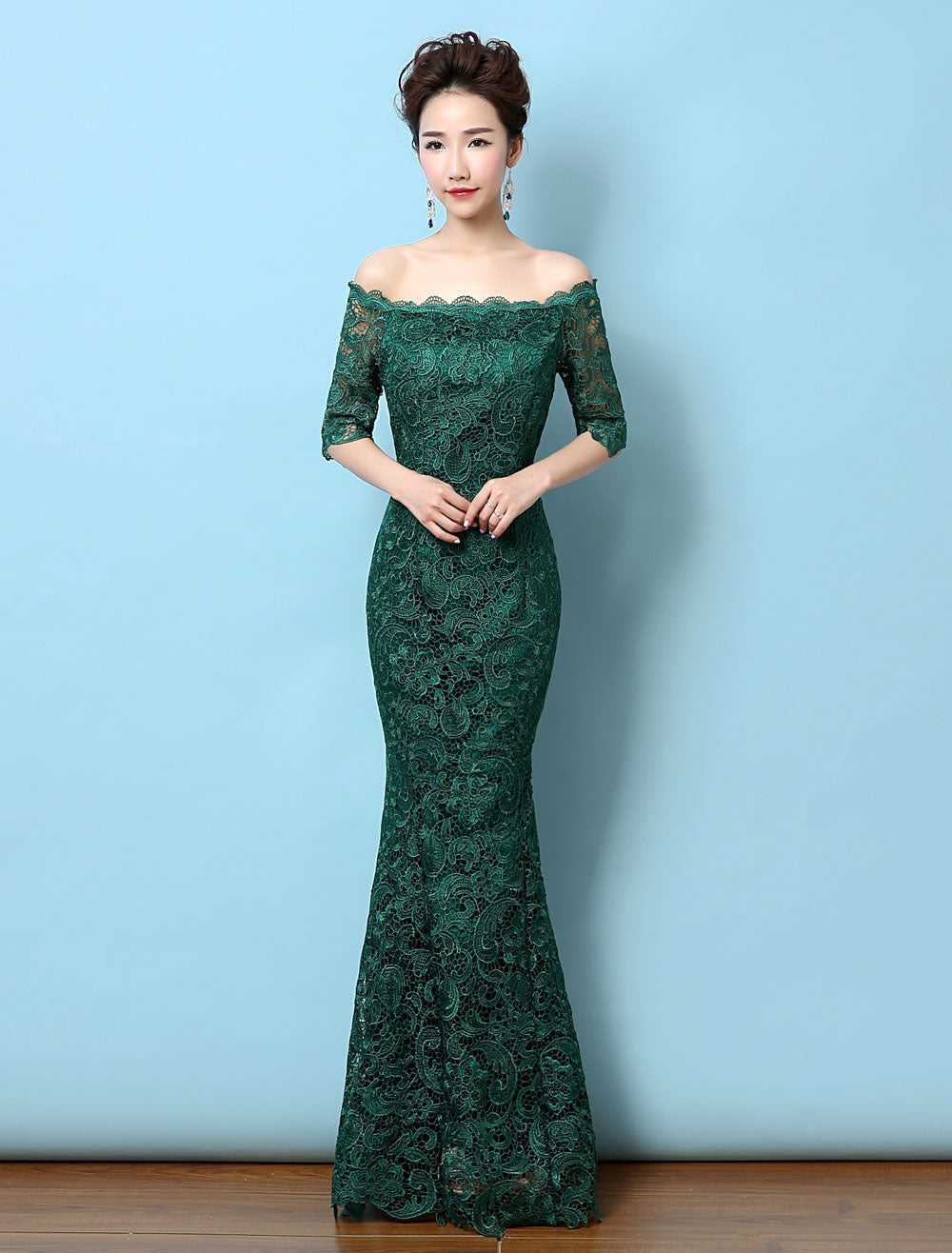 Stunning Lace Evening Dress Off-the-Shoulder Mermaid Party Dress Dark Green Half Sleeve Maxi Occasion Dress wedding guest dress