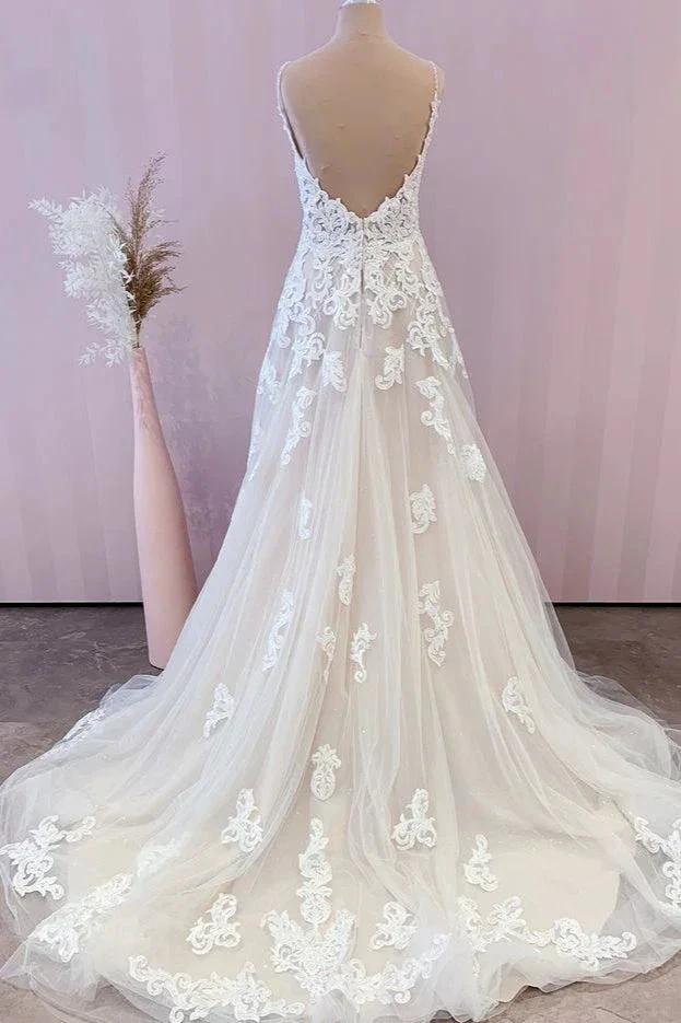 Stunning Long A-Line Spaghetti Straps Appliques Lace Tulle Wedding Dress (ZD15238)