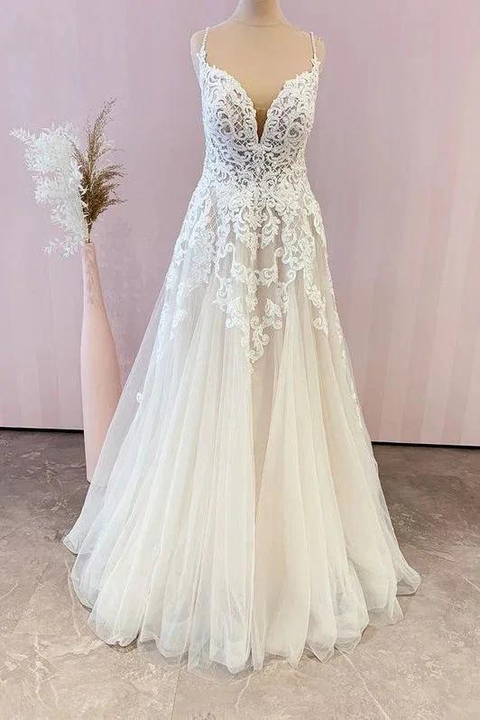 Stunning Long A-Line Spaghetti Straps Appliques Lace Tulle Wedding Dress (ZD15238)