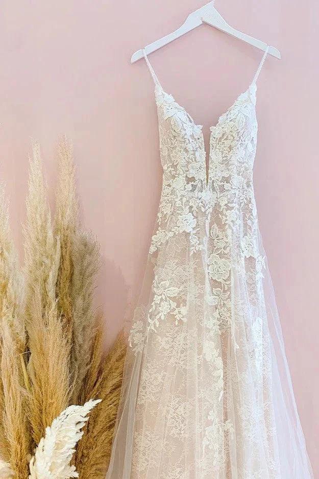 Stunning Long A-Line Spaghetti Straps Tulle Lace Wedding Dress (ZD15232) - VelvetHem