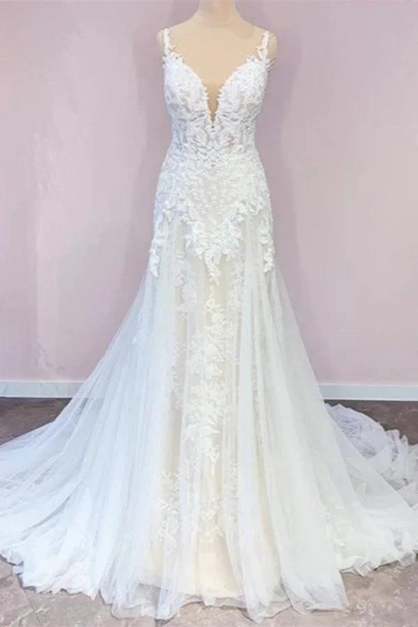 Stunning Long A-Line Tulle Sweetheart Appliques Lace Wedding Dress (ZD15237) - VelvetHem