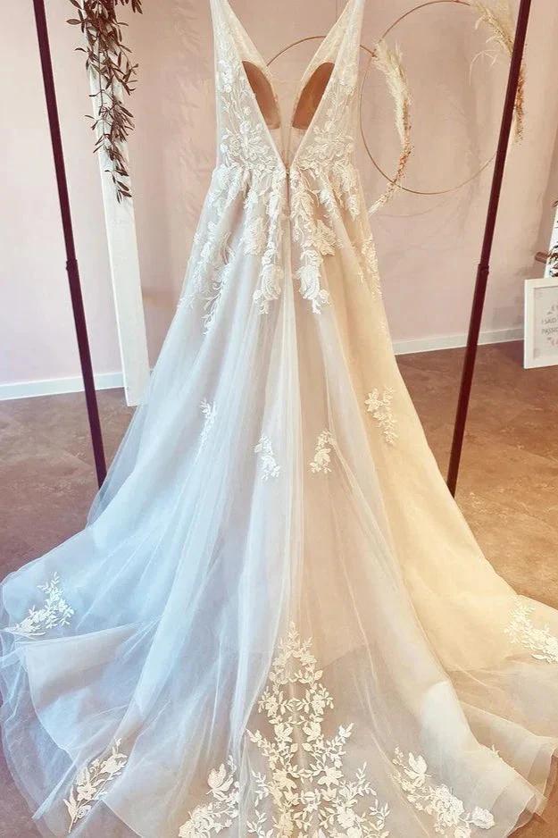Stunning Long A-Line V-neck Tulle Floral Lace Wedding Dress (ZD15207)