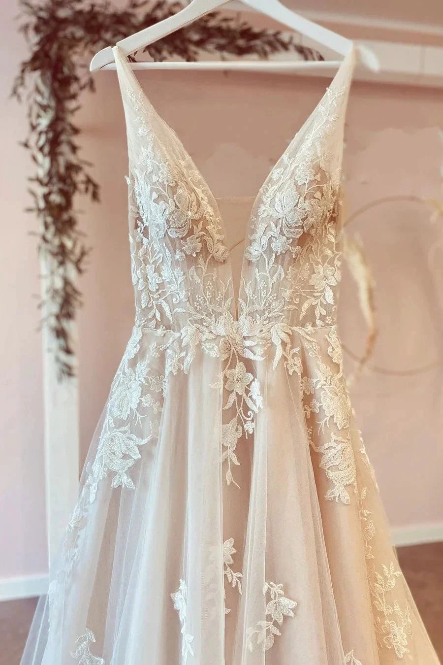Stunning Long A-Line V-neck Tulle Floral Lace Wedding Dress (ZD15207)