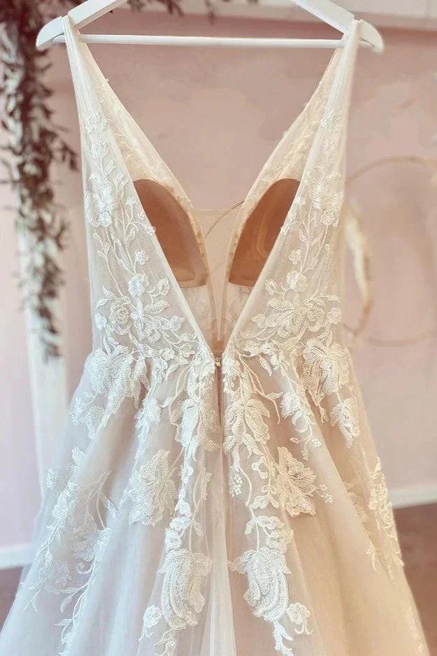 Stunning Long A-Line V-neck Tulle Floral Lace Wedding Dress (ZD15207) - View 4 | VelvetHem
