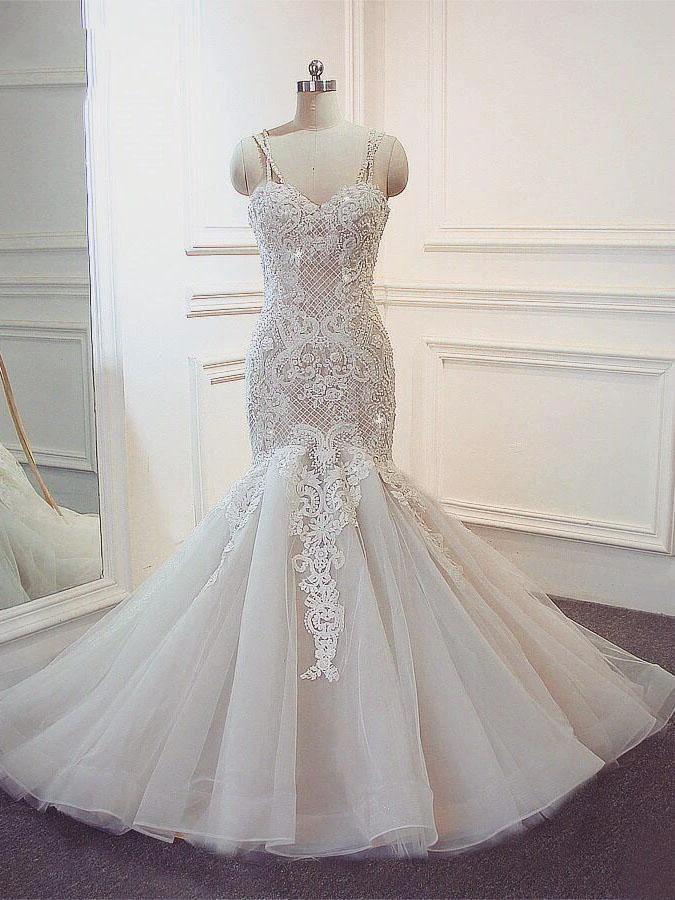 Stunning Long Mermaid Spaghetti Strap Lace Wedding Dresses (ZD15871)