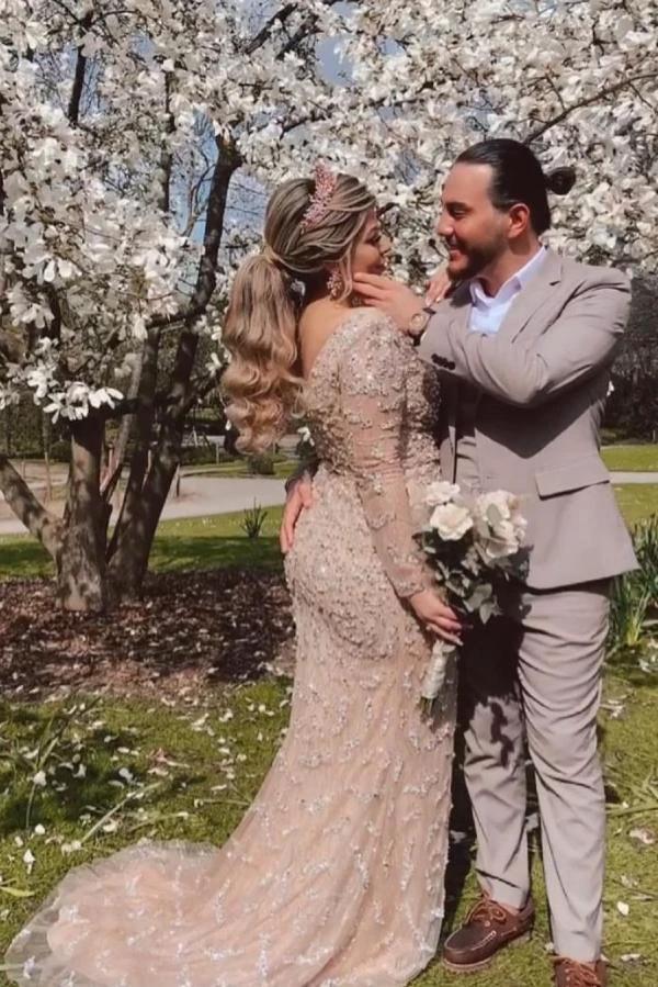 Stunning Long Mermaid V-neck Lace Front Slit Wedding Dress with Sleeves (ZD15016)