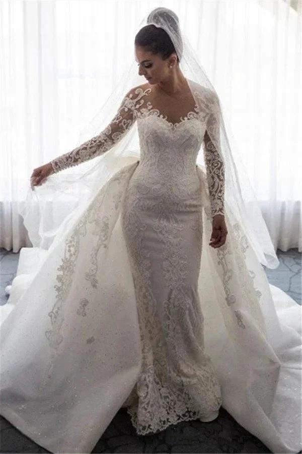 Stunning Mermaid Lace Bowknot Wedding Bride Dress Detachable Overskirt Sleeve Bridal Dress (ZD13800)