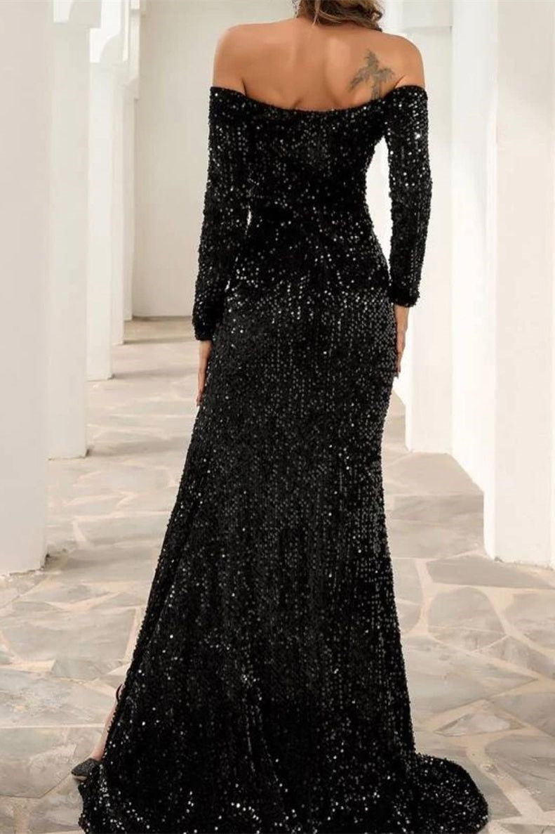 Stunning Off-the-Shoulder Black Prom Dress Sequined Front-Split Evening Gowns With Long Sleeves