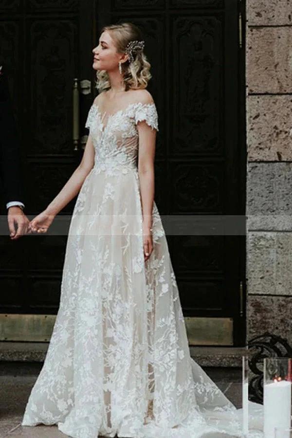 Stunning Off-the-ShoulderFloral Lace Bridal Gown Princess Wedding Dress (ZD13840)