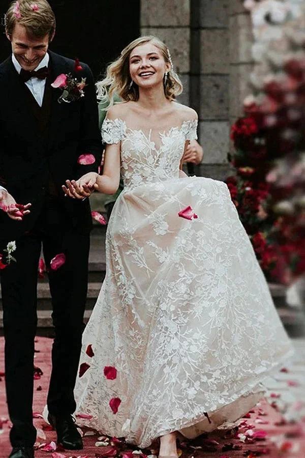 Stunning Off-the-ShoulderFloral Lace Bridal Gown Princess Wedding Dress (ZD13840)