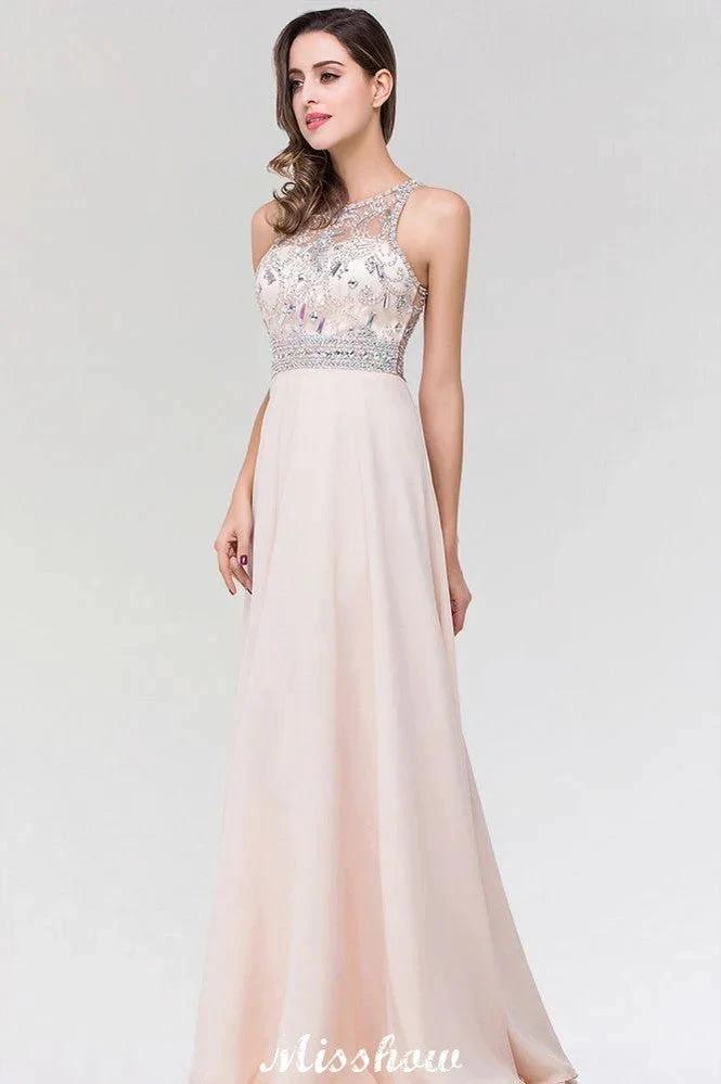 Stylish A-Line Chiffon Tulle Scoop Sleeveless Floor-Length Bridesmaid Dress with Beadings (ZD12917)
