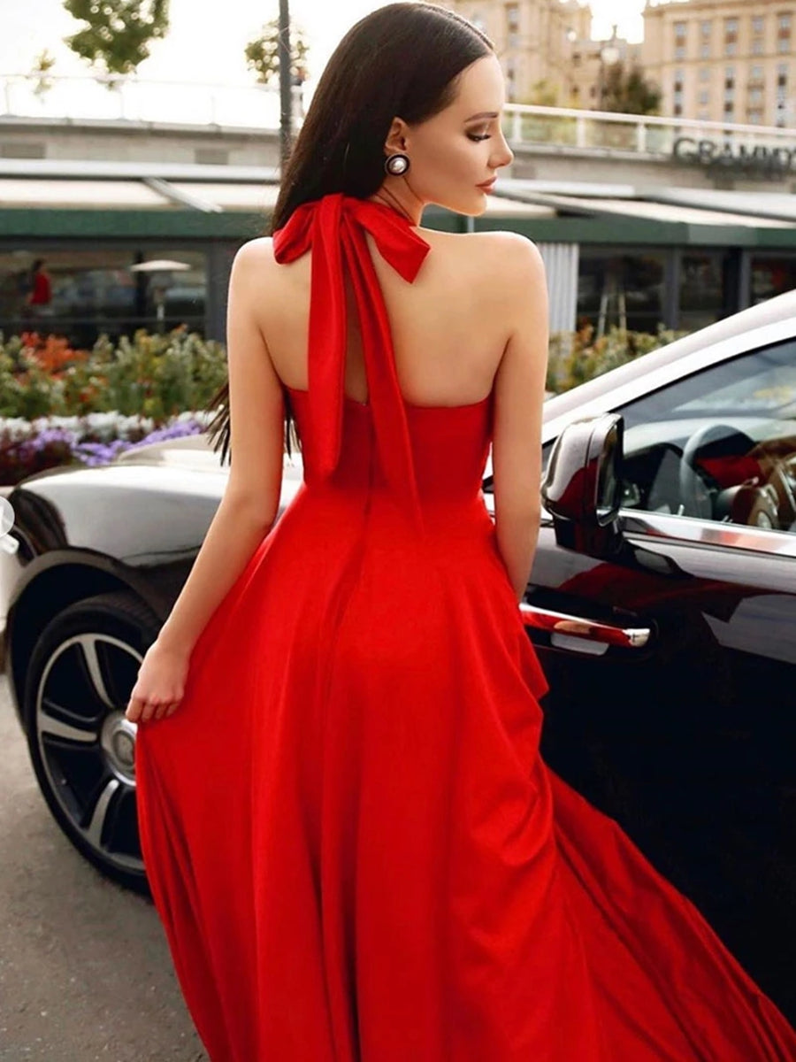 Stylish A-line Halter Red Long Prom Formal Dresses with Pockets - View 2 | VelvetHem