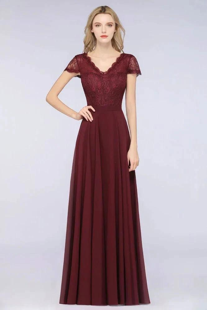 Stylish A-Line V-Neck Cap-Sleeves Floor-Length Bridesmaid Dress by misshow.com