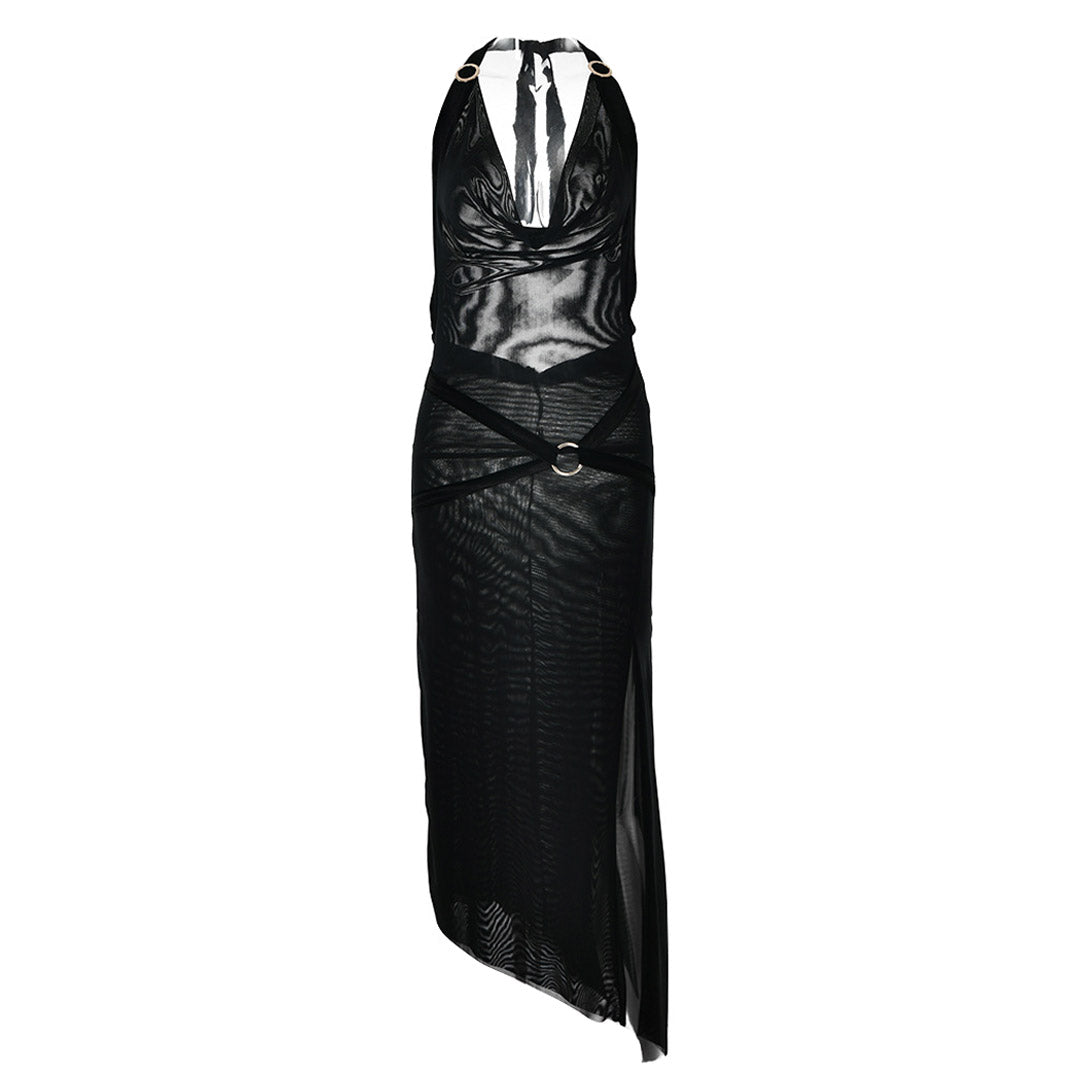 High Split O Ring Halter Cowl Neck Backless Midi Dress - Black
