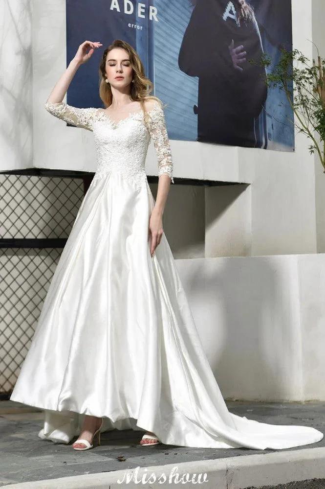 Stylish Lace Appliques Half Sleeves Aline Wedding Dress Floor Length Satin Dress for Bride (ZD13960)