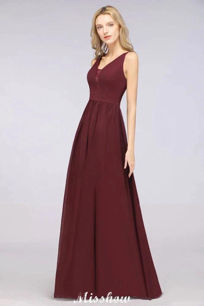 Stylish V-Neck aline Evening Maxi Gown Chiffon Sleeveless Bridesmaid Dress Burgundy (ZD12934)