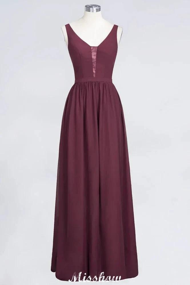 Stylish V-Neck aline Evening Maxi Gown Chiffon Sleeveless Bridesmaid Dress Burgundy (ZD12934)
