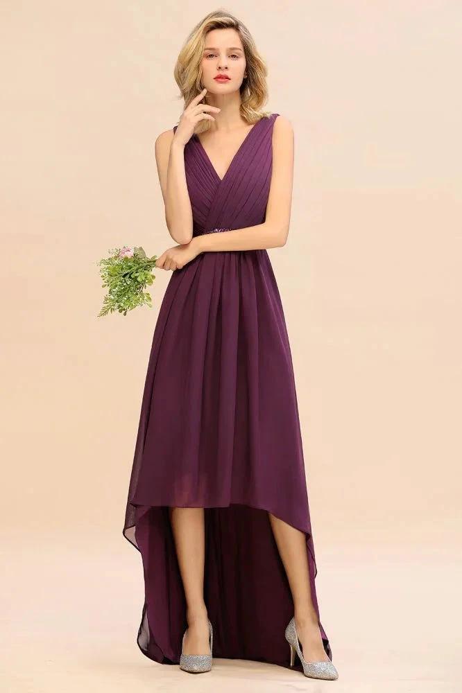 Stylish V-Neck Hi-Lo Party Dress A-line Beads Chiffon Bridesmaid Dress (ZD12976)