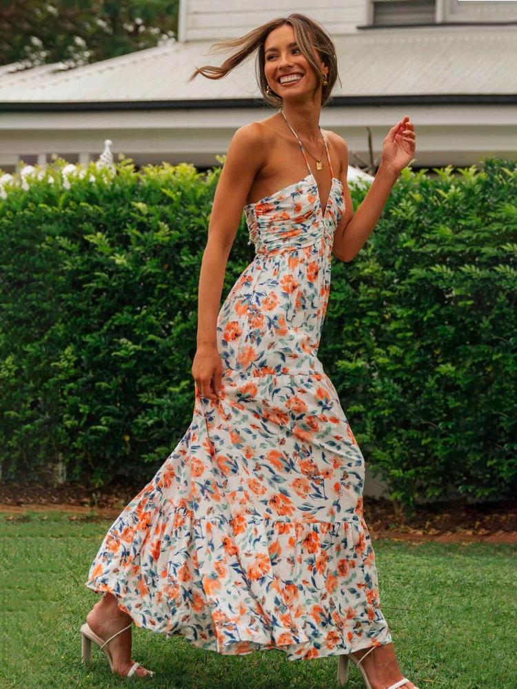 Blanca Elevated Halterneck Maxi Summer Dress with Floral Print Evening Wear Edit