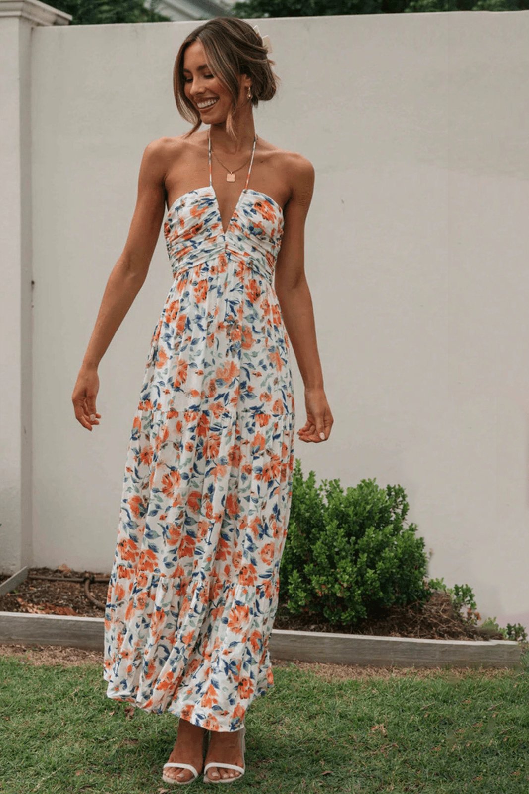 Blanca Elevated Halterneck Maxi Summer Dress with Floral Print Evening Wear Edit