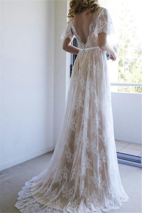 Summer Champange V-Neck Cap sleeveles Lace Beach Wedding Dress