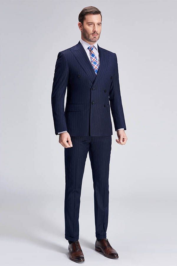 Superior Peak Lapel Double Breasted Mens Suits Pinstripe Dark Navy Suits for Men Formal