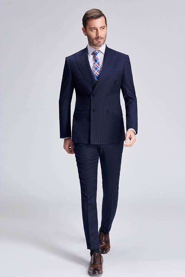 Superior Peak Lapel Double Breasted Mens Suits Pinstripe Dark Navy Suits for Men Formal