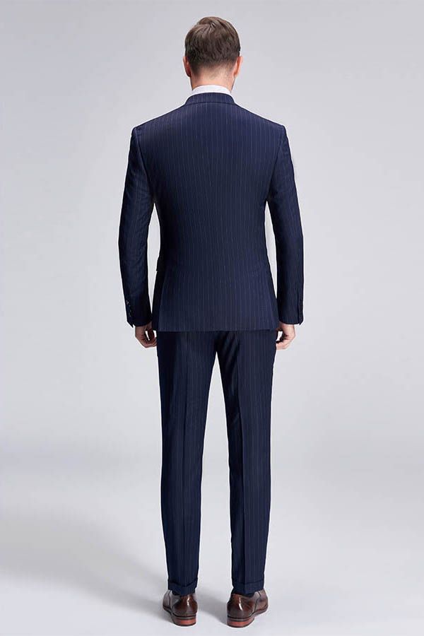 Superior Peak Lapel Double Breasted Mens Suits Pinstripe Dark Navy Suits for Men Formal