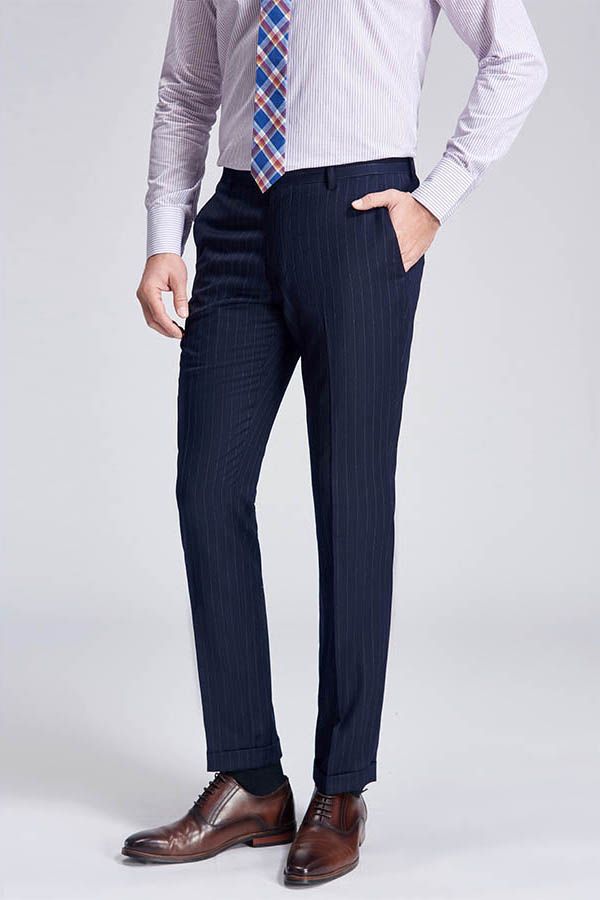 Superior Peak Lapel Double Breasted Mens Suits Pinstripe Dark Navy Suits for Men Formal