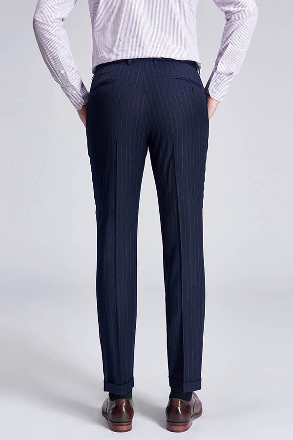 Superior Peak Lapel Double Breasted Mens Suits Pinstripe Dark Navy Suits for Men Formal