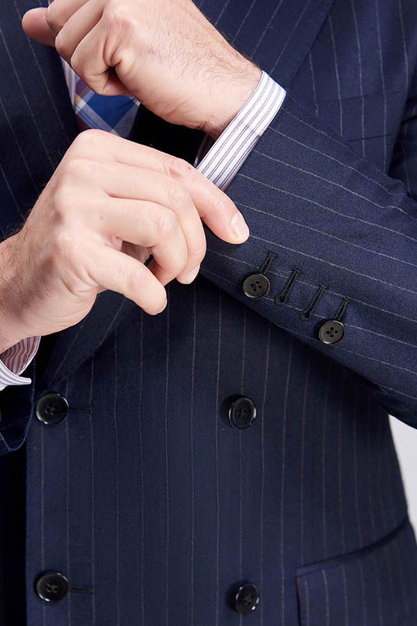 Superior Peak Lapel Double Breasted Mens Suits Pinstripe Dark Navy Suits for Men Formal