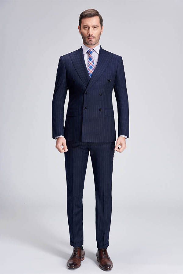 Superior Peak Lapel Double Breasted Mens Suits Pinstripe Dark Navy Suits for Men Formal