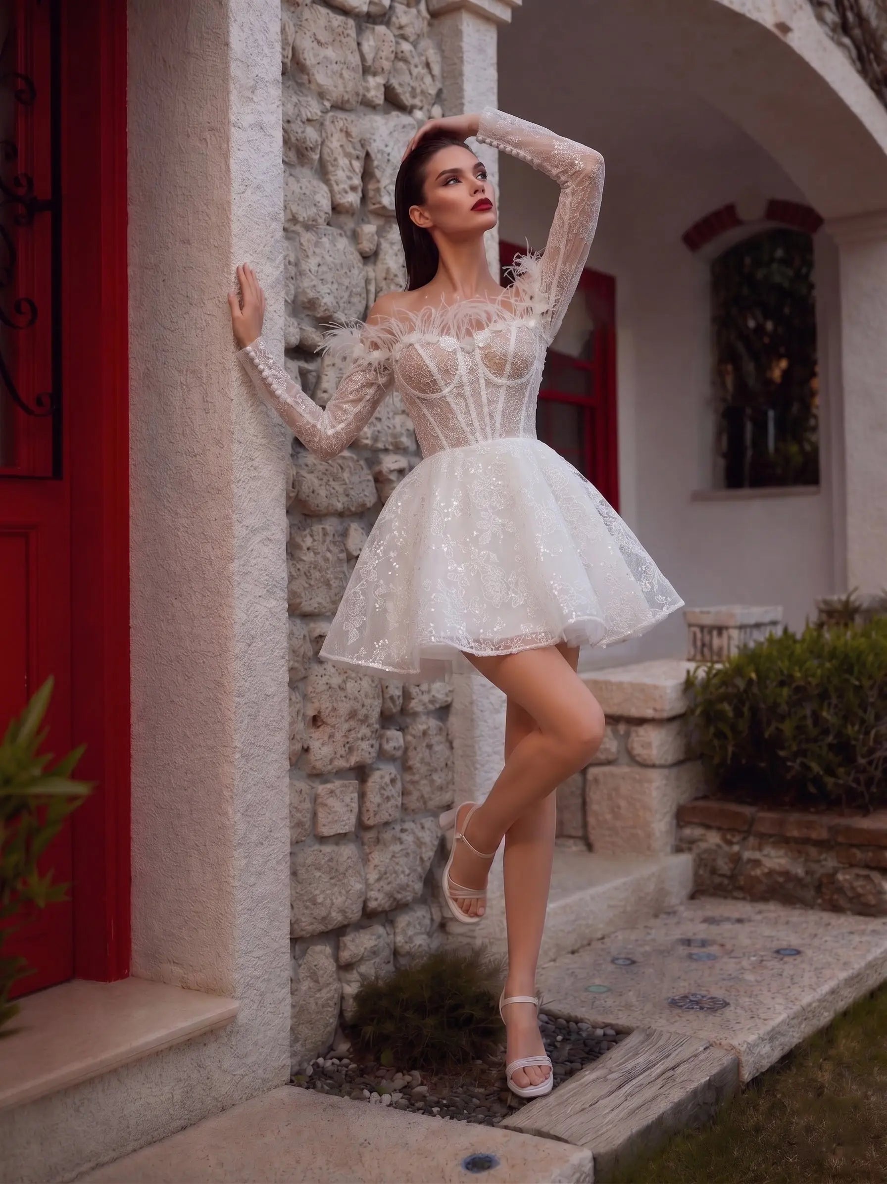 Elegant White Off-Shoulder Feather Lace Corset Mini Wedding Dress ZP061